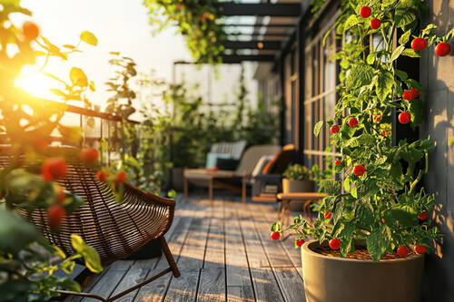 Cherry tomato plants balcony garden sunset